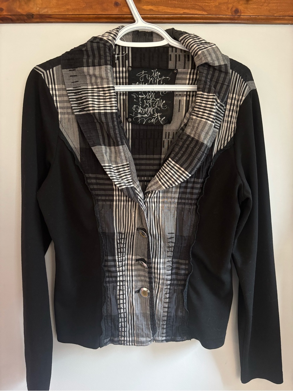 Black Blazer with Gray Plaid Front Panel and Shawl Collar